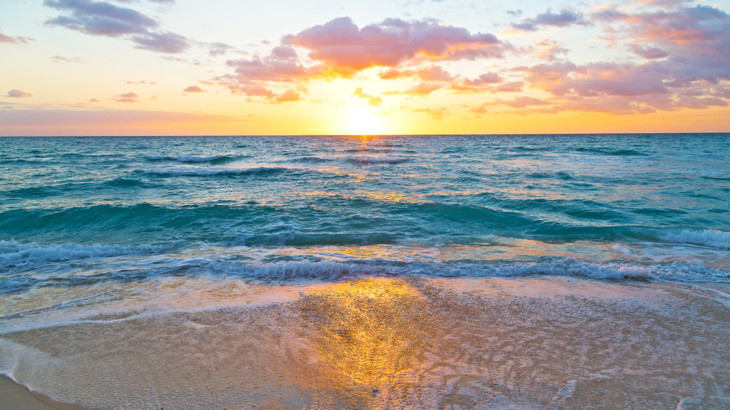 Sunrise and ocean golden wave on Miami Beach, Florida, USA